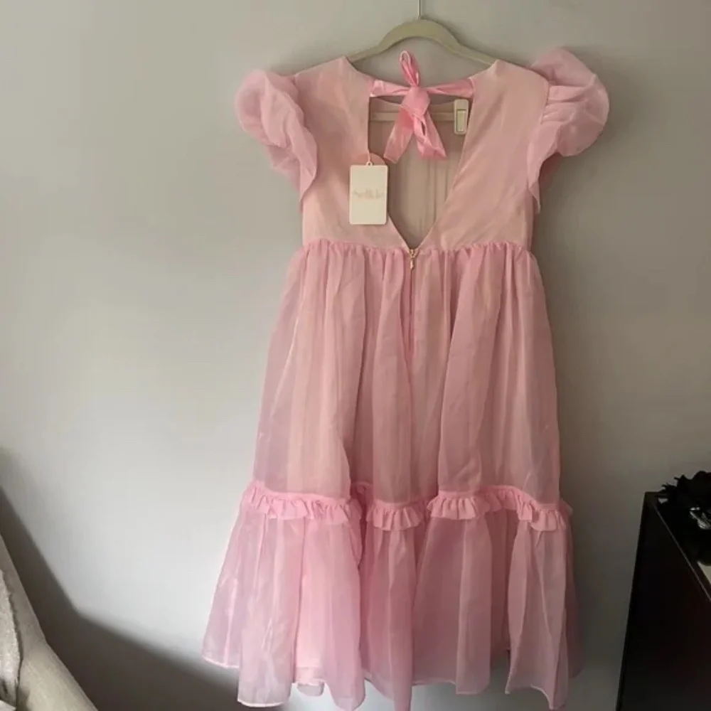Selkie The Poptart Dream Girl Dress – Pink Organza Puff Sleeve Midi - Picture 5 of 11
